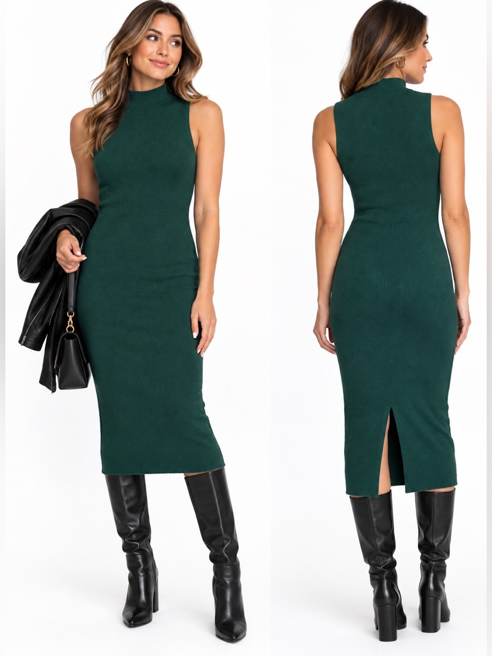 Express Emerald Green Ribbed Mock Neck Midi